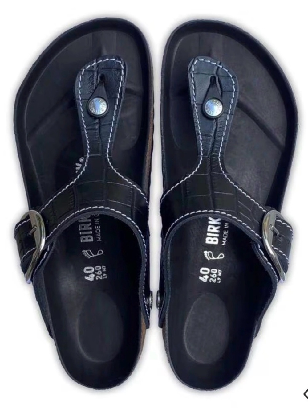 Birkenstock and Staud Rare Gizeh Croc Embossed Black Leather Sandal
